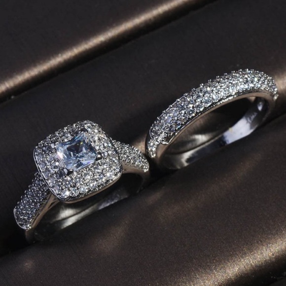 NEW 925 Sterling Silver Princess Halo Ring Set - Picture 7 of 7